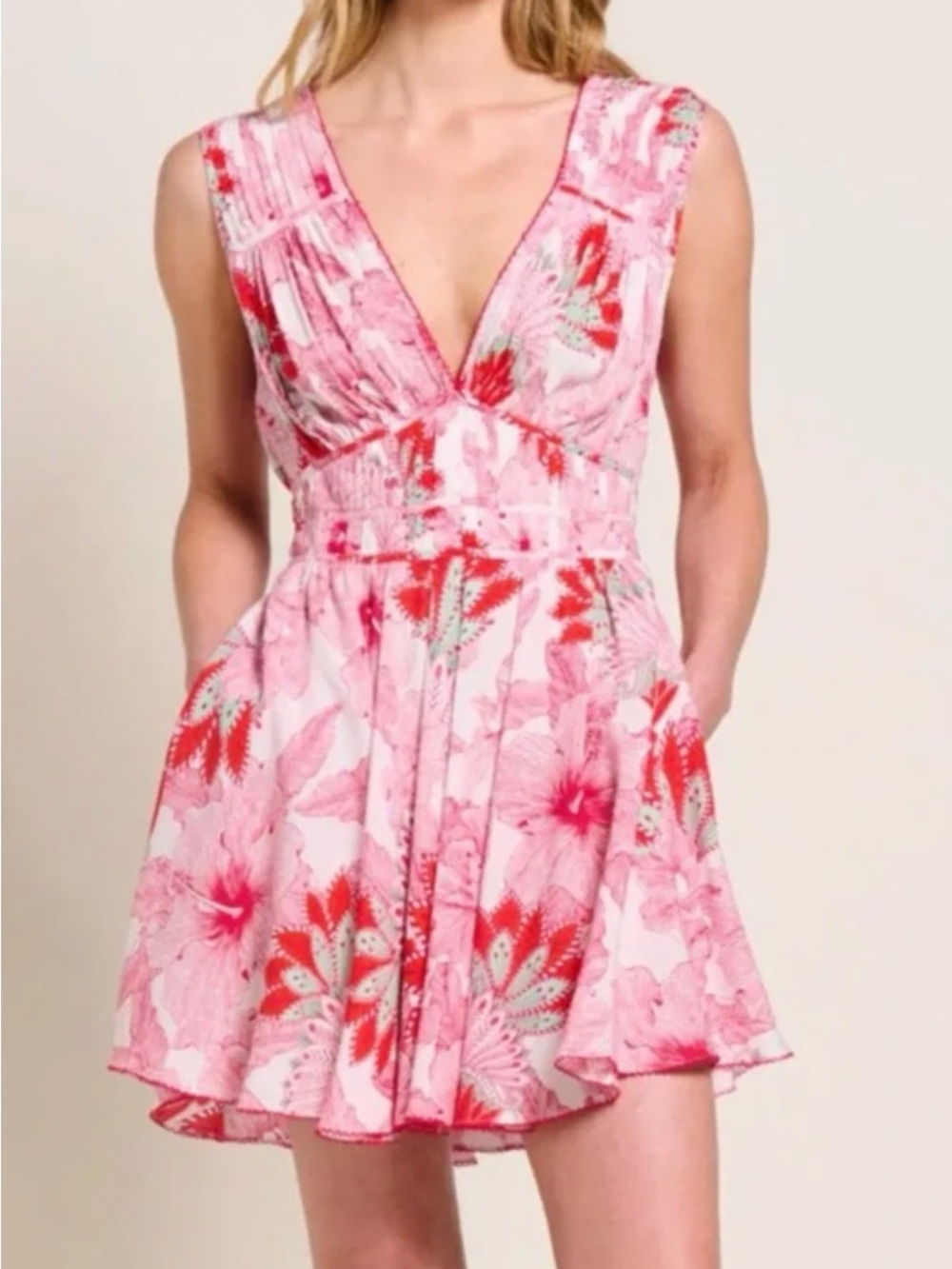 Poupette St. Barth Red and Aqua Printed mini dress